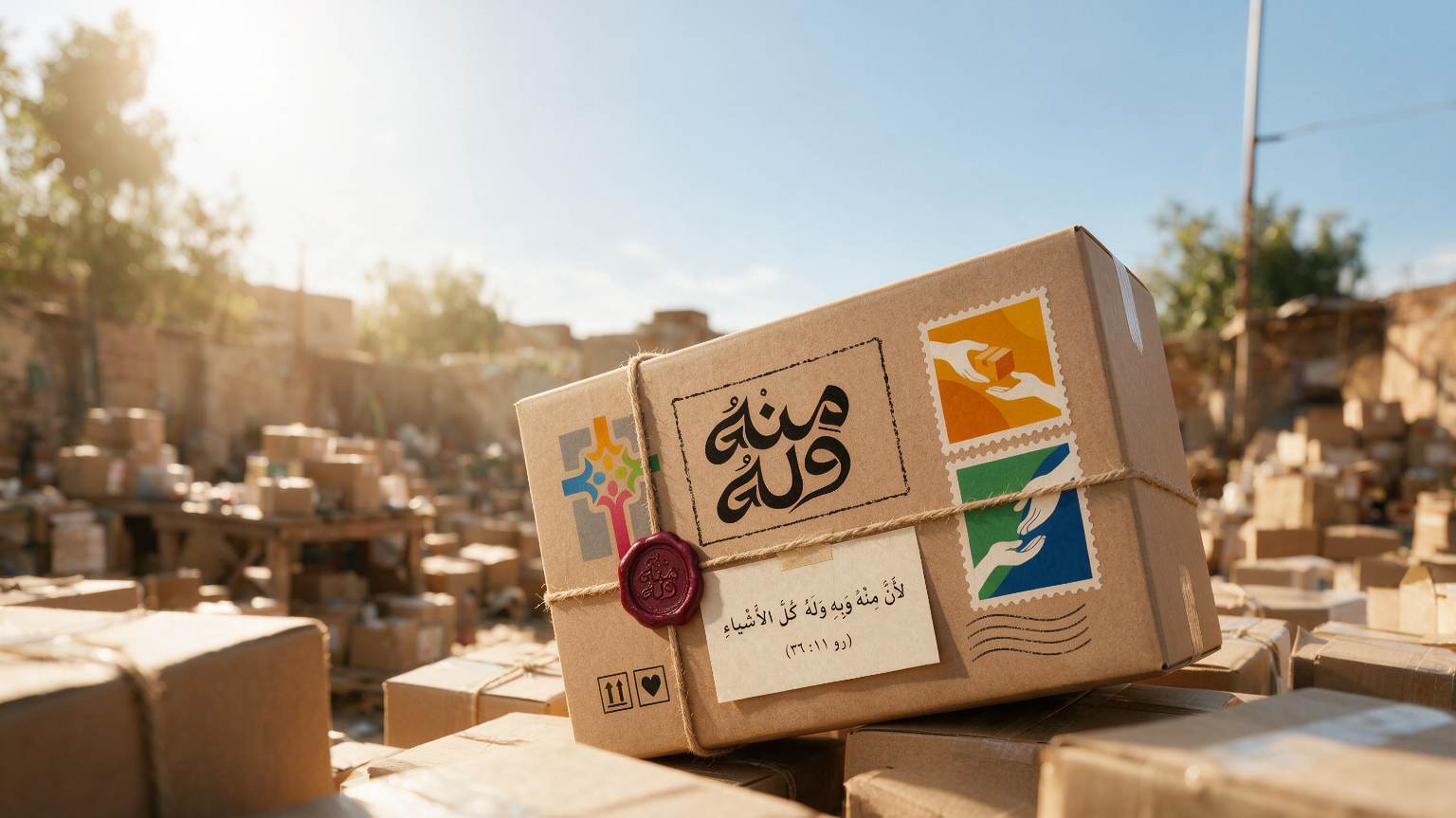 صندوق تجهيز يحمل شعار معسكر العمل مِنْهُ وَلَهُ وسط صناديق الخدمة
